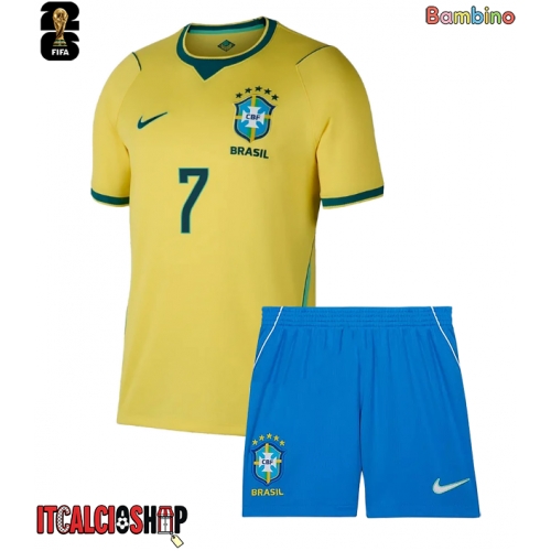 Brasile Vinicius Junior #7 Prima Maglia Bambino Mondiali 2026 Manica Corta (+ Pantaloni corti)